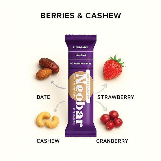 NEOBAR Fruit and Nut Bars - Plant-Based Vegan Snack Bars, Gluten Free Dairy Free Snacks, No Added Sugar, No Preservatives, Non-GMO | Berries & Cashew,12 Count