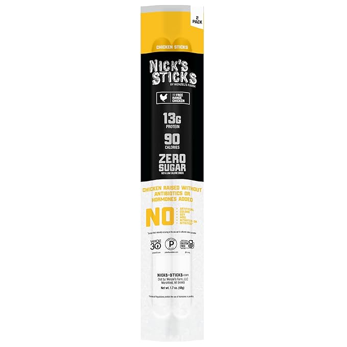 Nick's Sticks Free Range Clean & Balanced Chicken Snack Sticks | Made in the USA | Gluten Free | Paleo, Keto, Whole30 Approved | No Soy, Antibiotics or Hormones (12-1.7oz. Packages of 2 Sticks)