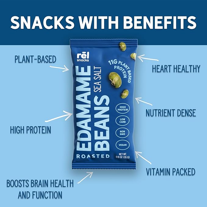 Rēl Snacks Sea Salt Roasted Edamame – High Protein Low Carb Snack (11g Protein per Serving) – Keto-Friendly, Vegan, Non-GMO – 10-Pack 0.9oz Bags