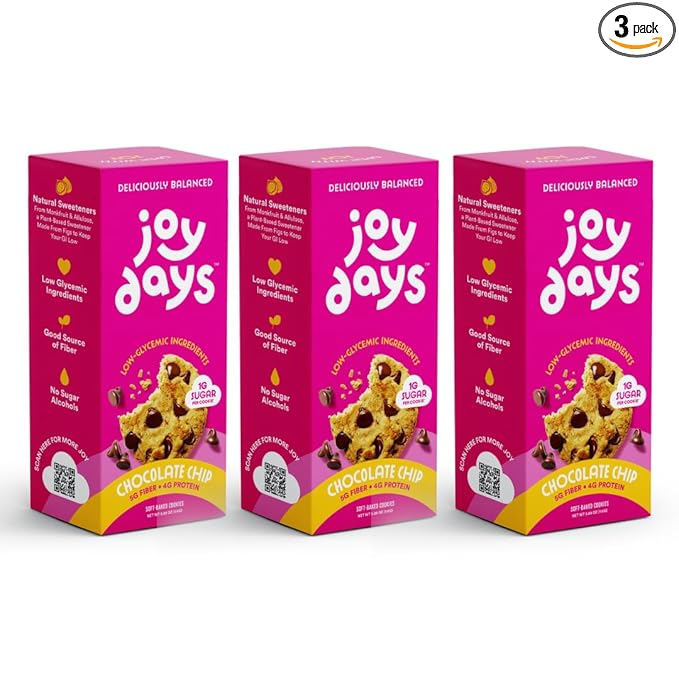 Joydays Chocolate Chip Cookies, 63% Less Sugar and High Fiber Snack, Plus Protein – Made for Balanced Nutrition, Healthy Snacks for Adults and Kids Pack of 3, Pack of 3 (3.88 oz Each)