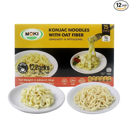 ‌MOKI Konjac & Oat Fiber Pasta Bundle - 12 Pack Low Carb Keto Shirataki Noodles, Low Calorie, Gluten-Free, Vegan, 0-Fat,Sugar Free,Paleo Diet Friendly (Spaghetti & Fettuccine, 3.53 oz Each)