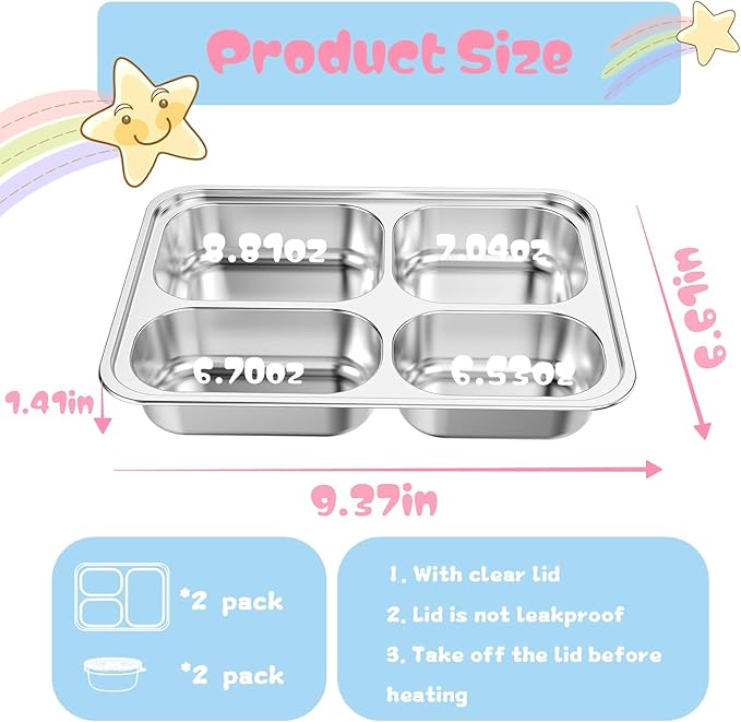 Stainless Steel Divided Plate for Kids Toddler, Non Toxic Portion Control Plate Dinner Plate with Lid for Adults Weight Loss, 2 Pack 4 Sections Rectangular Snack Plate Tray