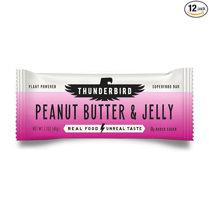 Thunderbird Bars Energy Snack, Gluten-Free with Protein, Healthy Real Food, Vegan Non-GMO, No Added Sugar (12 Count, 1.7 oz. Bars) (Peaut Butter Jelly)