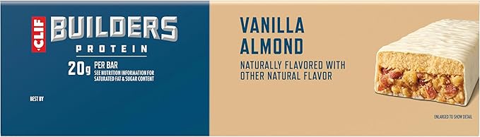 CLIF BUILDERS Protein Bars - Vanilla Almond Flavor - 20g Plant Based Protein - Gluten Free - Non-GMO - Low Glycemic - No Artificial Sweeteners - 2.4 oz. (12 Pack)