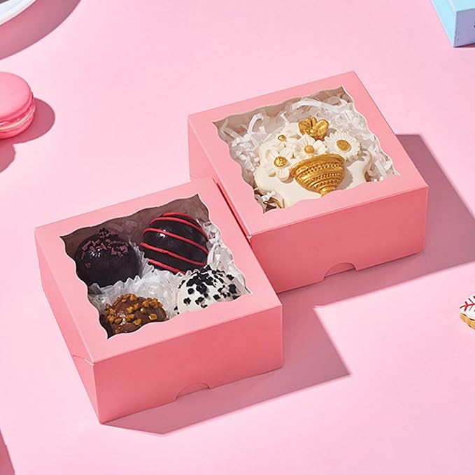 JCXGRVC 100 Pack 4x4x2 Inches Pink Bakery Boxes with Clear Window Perfect for Packaging Macaron Ores Chocolate Truffle Strawberry Cookie Donut Pie Treat Boxes for Wedding Valentine's Birthday