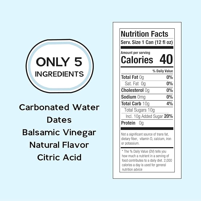 Lemon Sparkling Wellness Soda · Naturally sweetened with dates · Crafted with balsamic vinegar · 5 simple ingredients · Low calorie · Antioxidant-rich · No added sugar 12 pack