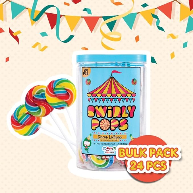 24 Circus Rainbow Lollipops Individually Wrapped, Bursting with Fruity Flavor, Great Swirl Lollipops for Kids Birthday Parties, Party Favor Candy and Cake Toppers, By 4YoreElves (Pack of 24)