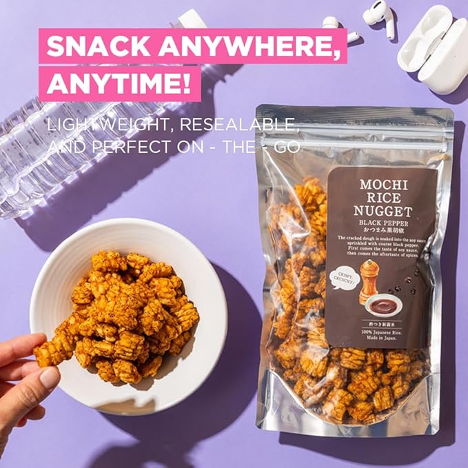 Mochi Rice Nuggets – Japanese Rice Crackers, Rice Crispy Treats, Japanese Snacks, No MSG, No Artificial Colors or Preservatives, Made in Japan, arare rice crackers, Beer snacks, Black pepper flavor 4.9oz (140g)