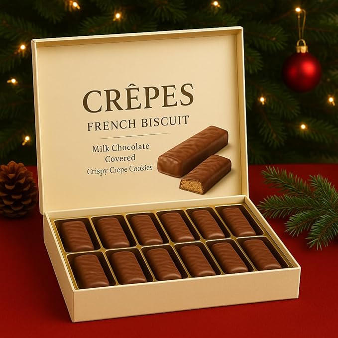 Luxury Crepes French Biscuit Gift Box, Milk Chocolate Covered Crispy Crepe Cookies – European Gourmet Chocolate Biscuits in Elegant Gift Packaging, 19.36 oz – Valentines Chocolate & Christmas Gift Box.Package May Vary