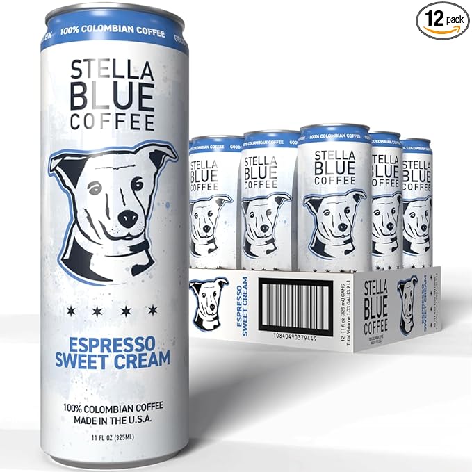 Stella Blue Espresso Sweet Cream Latte Cans, Ready-to-Drink Coffee Energy Beverage, 100% Colombian Coffee, 190mg Natural Caffeine, Gluten Free & Good Source of Protein, 11oz Can, 12 Pack