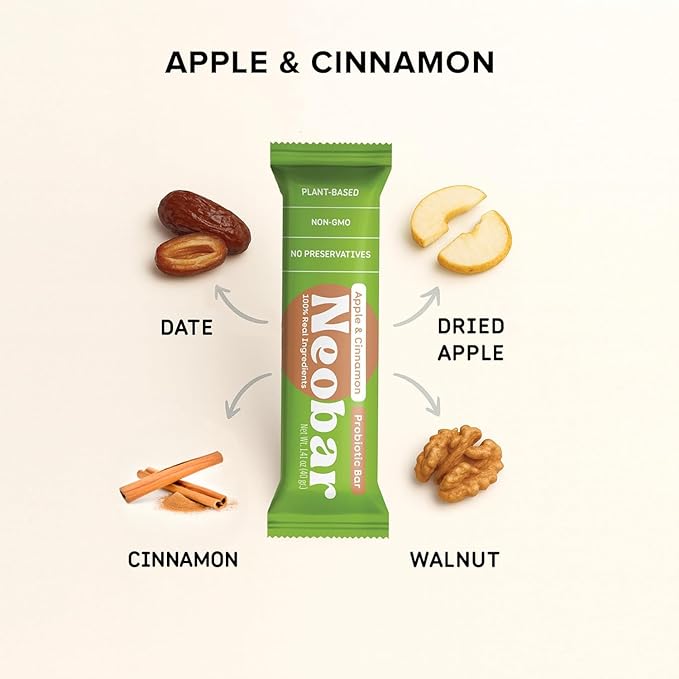 NEOBAR Fruit and Nut Bars - Plant-Based Vegan Snack Bars, Gluten Free Dairy Free Snacks, No Added Sugar, Probiotic, No Preservatives, Non-GMO | Apple & Cinnamon,12 Count