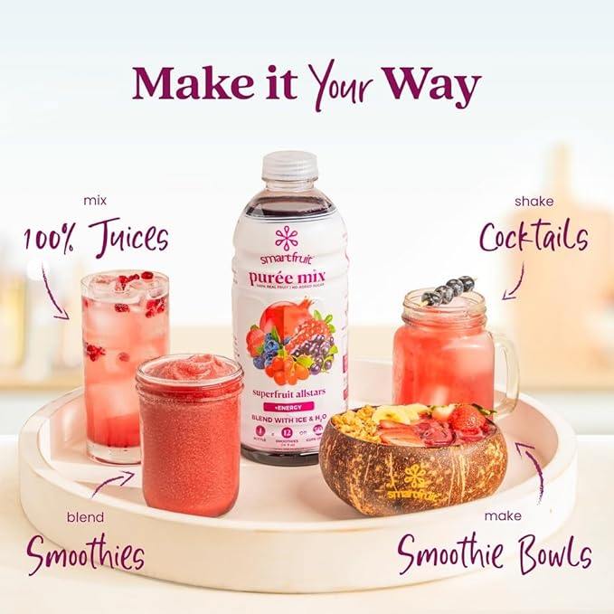 Smartfruit Superfruit All-Stars + Energy – 100% Real Fruit Purée with Blueberry, Pomegranate, Acai & Goji Berries – Great for Smoothies, Juice, Yogurt, Cocktails, Teas & More – 48oz