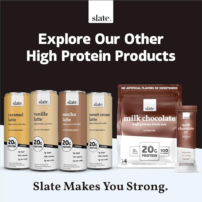 Slate Milk - High Protein Milk Shake - Classic Strawberry - Lactose Free, 20g Protein, 1g Sugar, 100 Calories, 1g Net Carbs, No Added Sugar - Natural, Breakfast Boost, Post Workout - 11 fl oz, 24 Cans