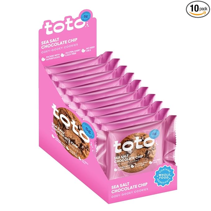 Toto's Sea Salt Chocolate Chip Vegan Cookies: Gluten-Free High-Fiber Cookie with Plant-Based Protein, Superfoods, and Adaptogens - 10X Individually Wrapped Cookies