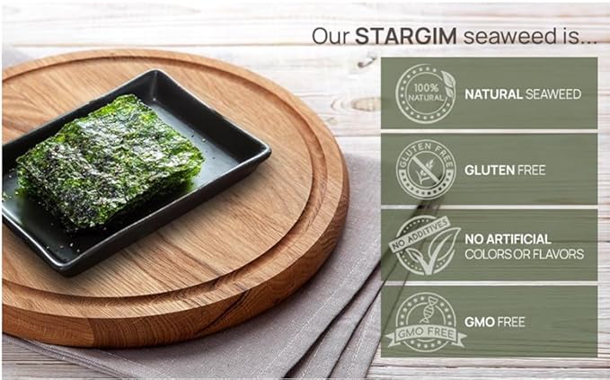 STARGIM Seasoned Seaweed Snacks Sheets – 12 Individual Packs Roasted Gim, Fat Gluten Free Sea Salt 100% Natural Laver 5g 0.17 Ounce(12packs)