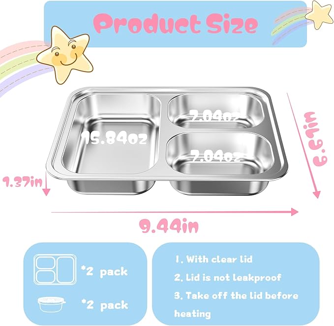 Stainless Steel Divided Plate for Kids Toddler, Non Toxic Portion Control Plate Dinner Plate with Lid for Adults Weight Loss, 2 Pack 3 Sections Rectangular Snack Plate Tray