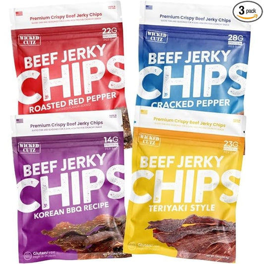 Wicked Cutz Jerky Chips Variety Pack, Up to 28g Protein Per Bag, Cracked Pepper, Teriyaki, Roasted Red Pepper, & Korean BBQ Flavored Beef Jerky Crisps, USA Made High Protein Carnivore Snacks (4 Bags)