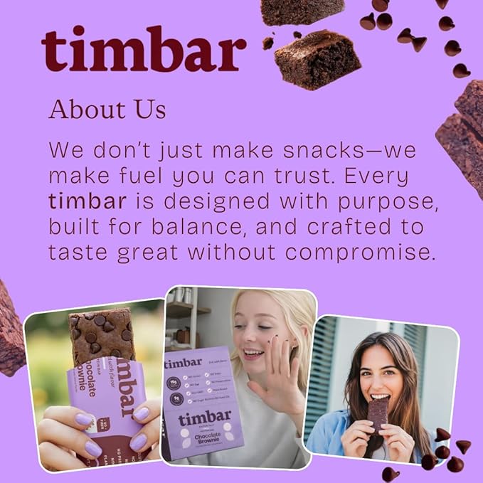 timbar Plant-Based Protein Bars, Chocolate Brownie | 14g Plant Protein, 8g Prebiotic Fiber | Gluten, Dairy & Egg Free, Non-GMO, No Sugar Alcohols (4 Pack)