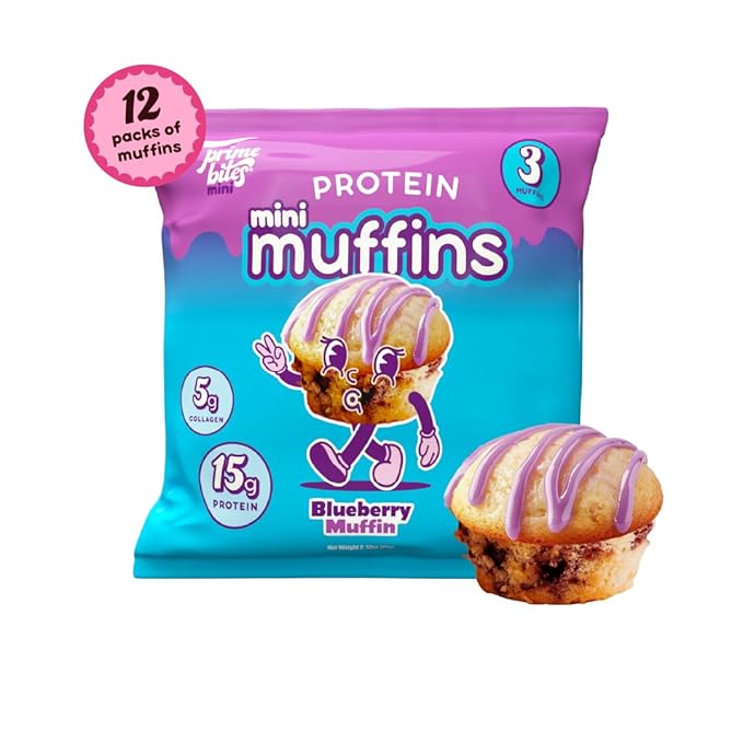 Prime Bites Minis - High Protein Muffin (12 Per Box, Blueberry) - 15g of Protein, 5g of Collagen, Gluten Free, Low Sugar Treat, Delicious Protein Snack