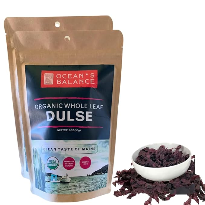 Ocean's Balance Organic Dulse Whole Leaf – Atlantic Seaweed Snack Rich in Iodine & Umami – For Salads, Smoothies, Soups,Ramen – 2oz Bag (Pack of 2)
