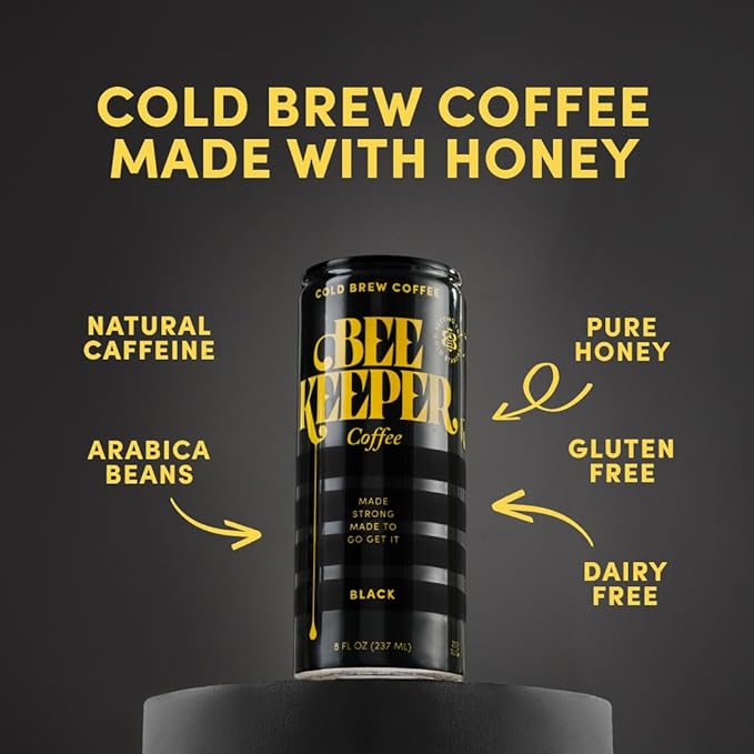 Beekeeper Black Cold Brew Coffee Drinks with Oregon Honey | 12 Pack Refreshing Iced Coffee - Unsweetened & Strong Arabica Brew, 8 fl oz Ready-to-Drink Can - 180mg Natural Caffeine