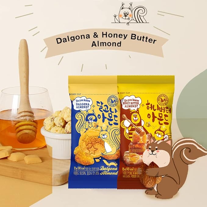 K-Herb Korean Snacks – Gourmet Honey Butter Almond Korean Dalgona Almond Snacks for Adults, Kids – Flavored Almonds with Delicious Crunchy Texture – Great for Office, On the Go, School (Honey Butter 10Pack + Dalgona 10Pack)