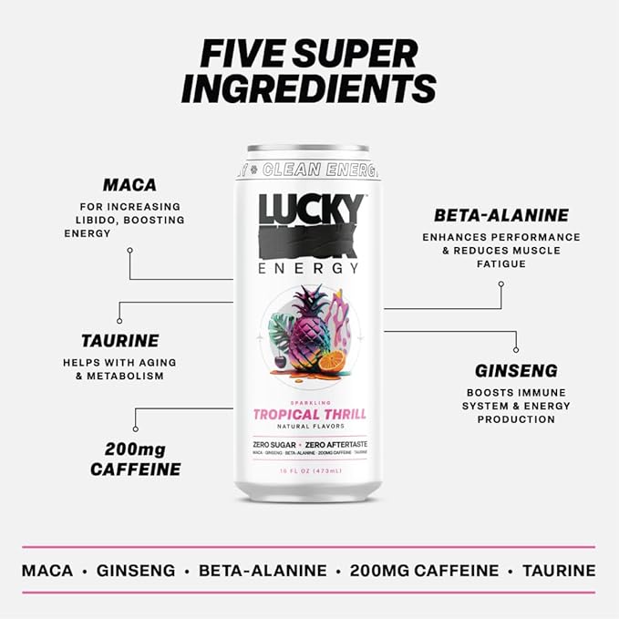 Lucky Energy Sugar Free Energy Drinks, Tropical Thrill, 16oz Cans (12-Pack) Healthy, Zero Sugar Energy Drink with Maca, Ginseng, Beta-Alanine, Taurine & 200mg Caffeine