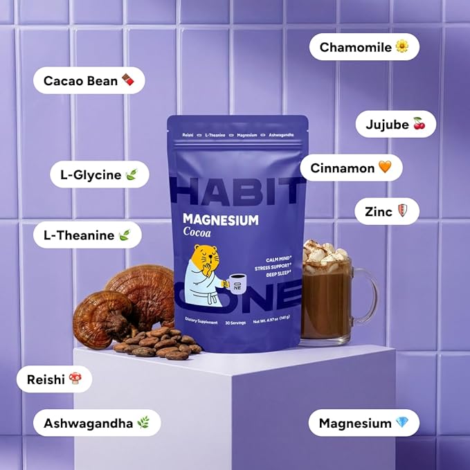 HABIT ONE Nighttime Mushroom Cocoa with Magnesium Glycinate, Ashwagandha & Reishi - Adaptogens Blend - Zinc, L-Theanine, L-Glycine, Chamomile, Jujube & Cinnamon - Made in USA - 30 Servings