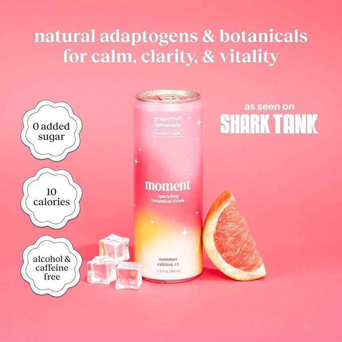 Moment Botanical Soda Soft Drink (Shark Tank) - SPARKLING Non Alcoholic Drinks | L-Theanine & Ashwagandha for Calm & Clarity | 0 Added Sugar 0 Caffeine | Grapefruit Lemonade |12-pack