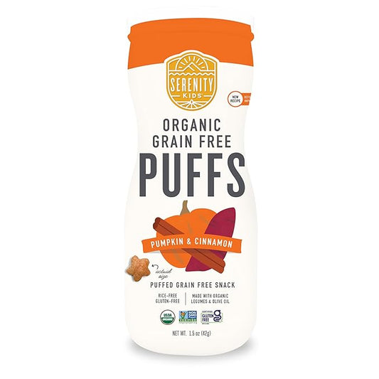 Serenity Kids 6+ Months Baby Puffs - 1 count 1.5 oz, Pumpkin & Cinnamon - USDA Organic Grain Free Toddler Food - Nut, Rice & Gluten Free Snack with Veggies, Legumes & Olive Oil
