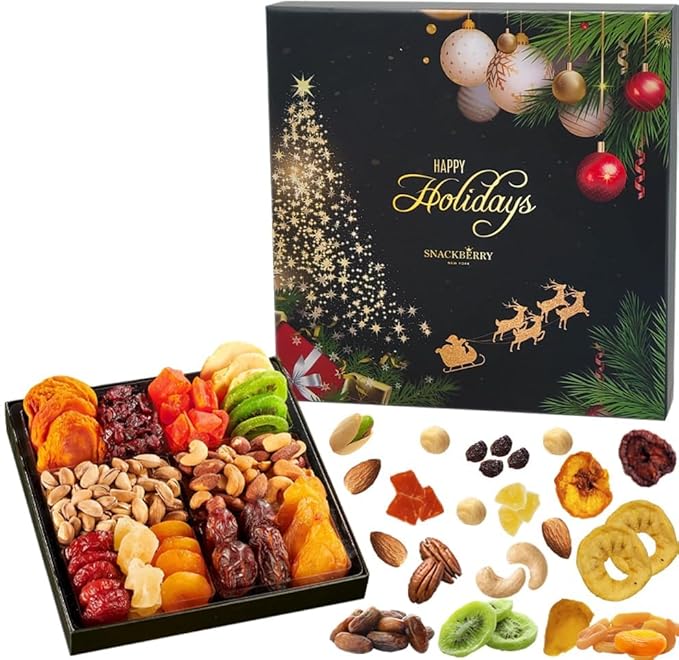 6-Pack Christmas Dried Fruit & Nuts Gift Basket Arrangement Platter, Gourmet Food Snack Box, Healthy Kosher (Style 1)