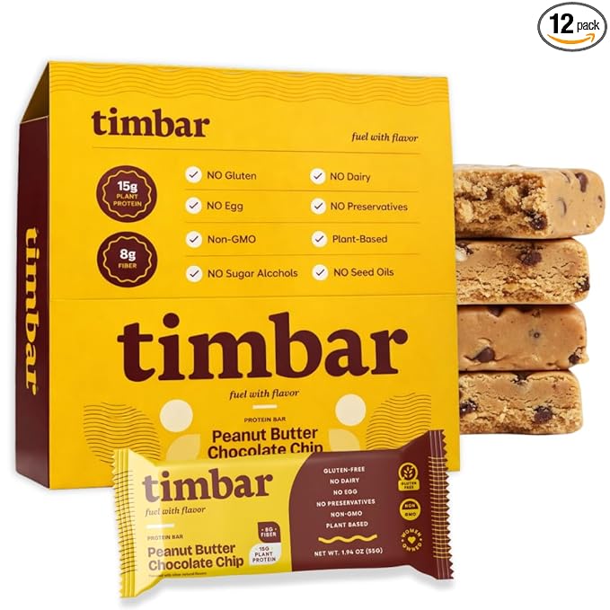 timbar Plant-Based Protein Bars, Peanut Butter Chocolate Chip | 15g Plant Protein, 8g Prebiotic Fiber | Gluten & Dairy Free, Non-GMO, No Sugar Alcohols (Pack of 12)