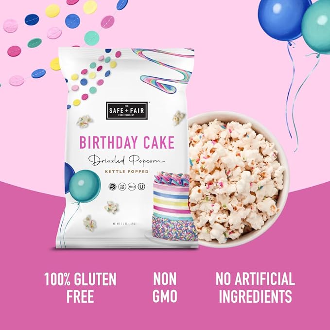 Safe + Fair Birthday Cake Drizzled Popcorn - Gluten-Free, Dairy Free and Vegan Snack - Free From Top 9 Allergens and Artificial Ingredients – Non GMO, Plant Based Kettle Popped Corn, 5.5oz, 6 Pack