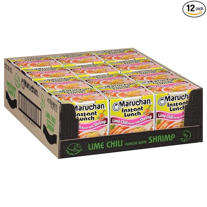 Maruchan Instant Lunch Ramen Noodles, Lime Chili with Shrimp – Japanese-Style Instant Noodle Soup, Quick & Easy Meal – 2.25 Oz Cup, Pack of 12