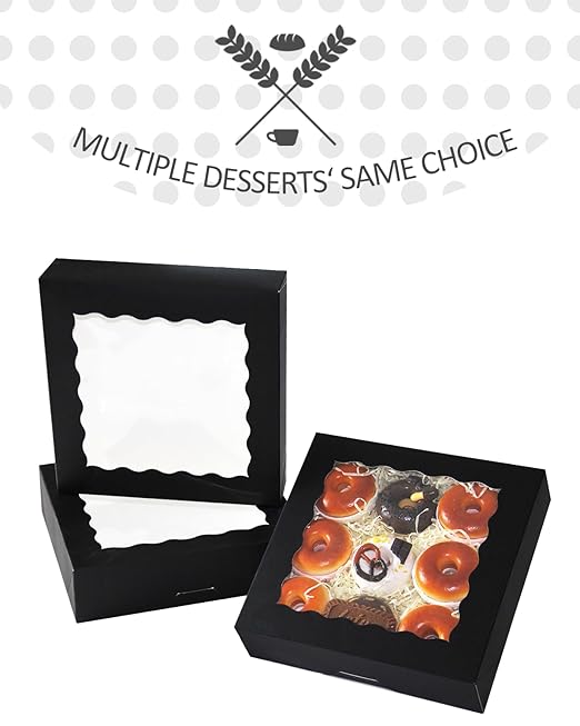 qiqee 8x8x2.5 Inch Black Pastry Box With Window Donut Pie Boxes 12pcs Bakery Box (Auto-pop Up)