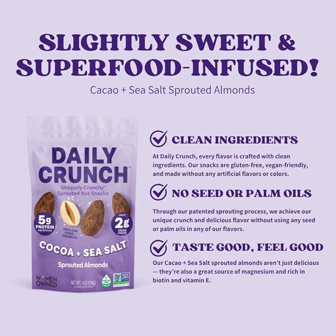Daily Crunch Sprouted Almonds and Dehydrated nuts for a Unique Crunch, Keto Friendly, Non-GMO Zero Seed Oils, Gluten Free 4oz (2 Pack, Cocoa & Sea Salt)