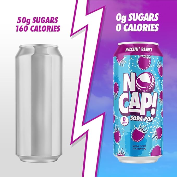NO CAP! Next Gen Soda Pop with Zero Sugar, Zero Calories and Electrolytes for Hydration, Naturally Flavored Caffeine-Free Soda, Vegan & Gluten-Free, 16 oz Cans (Bussin Berry)