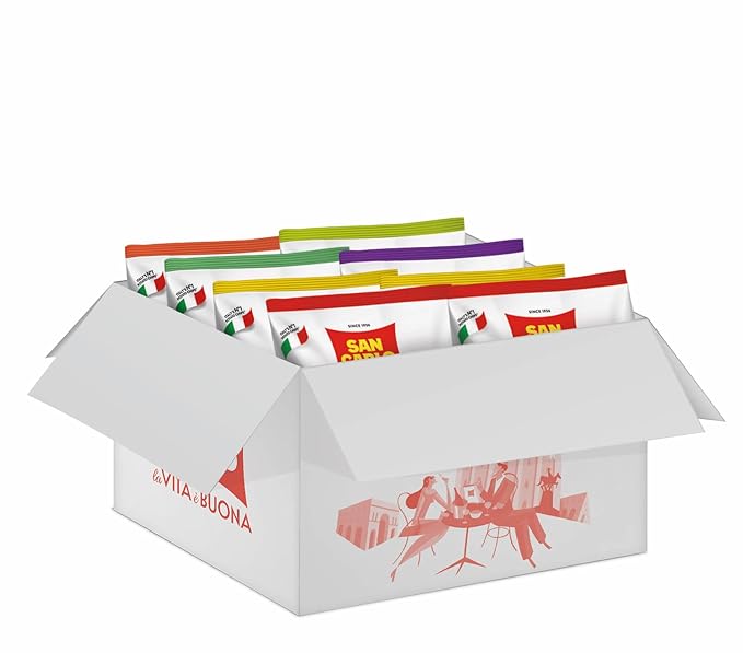 San Carlo Variety Pack 8X 50g Multi Flavours n°1 Italian Potato Chips – Classic, Wavy, Paprika, Pesto, Lime and Pink Pepper, Tomato