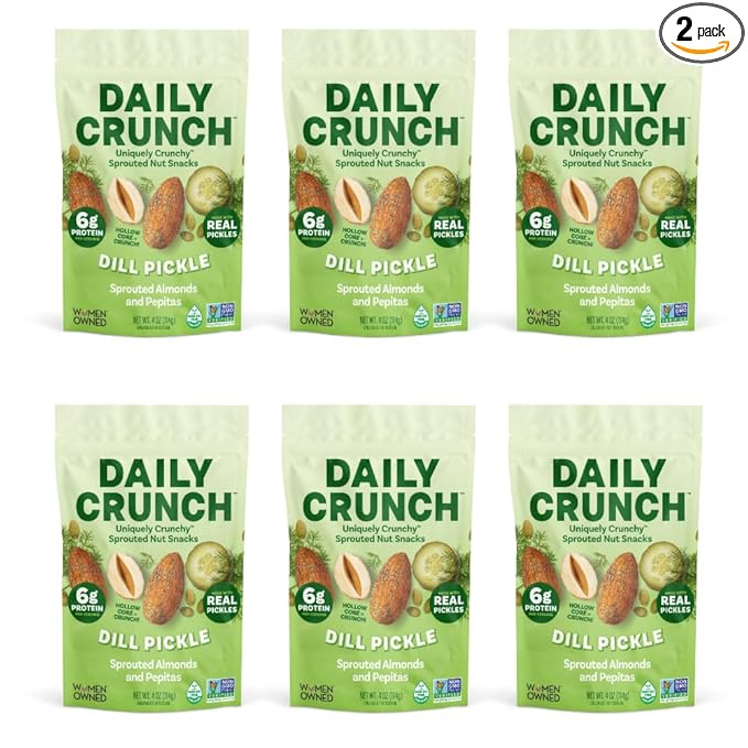 Daily Crunch Sprouted Almonds and Dehydrated nuts for a Unique Crunch, Keto Friendly, Non-GMO Zero Seed Oils, Gluten Free, 4oz (6 Pack, Dill Pickle)
