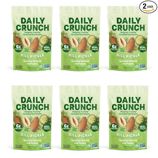 Daily Crunch Sprouted Almonds and Dehydrated nuts for a Unique Crunch, Keto Friendly, Non-GMO Zero Seed Oils, Gluten Free, 4oz (6 Pack, Dill Pickle)