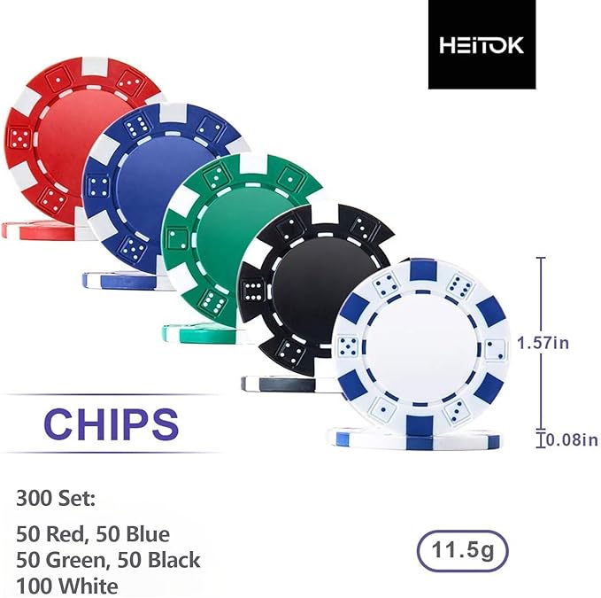 HEITOK Texas Hold'em Poker Chip Set 200-pcs with Aluminum Carrying Case & Professional Weight Chips Plus 5 Poker Dice Waterproof