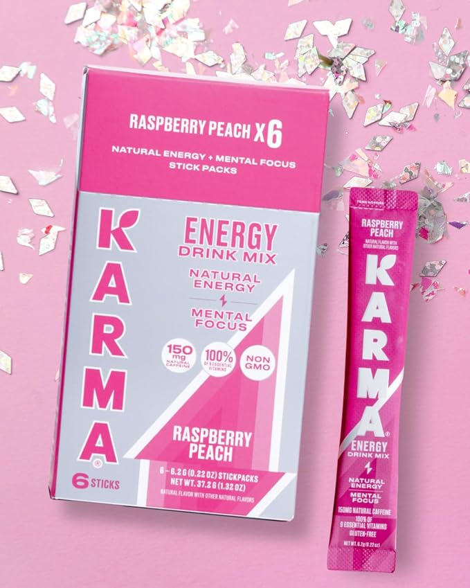 Karma Energy Hydration Packets – 6 Pack, Raspberry Peach Drink Mix with Cognizin® Nootropics, Vitamins & Immune Support, Low Calorie