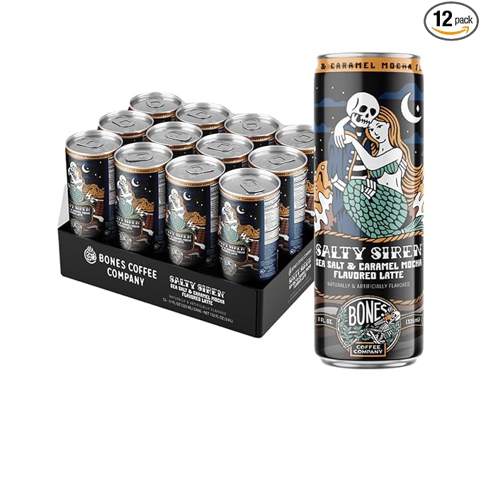 Bones Coffee Company Salty Siren Latte Flavored Coffee, Medium Roast Ready To Drink Iced Coffee in Can, 11 Fl Oz Can (12 Pack)