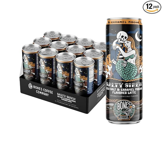 Bones Coffee Company Salty Siren Latte Flavored Coffee, Medium Roast Ready To Drink Iced Coffee in Can, 11 Fl Oz Can (12 Pack)