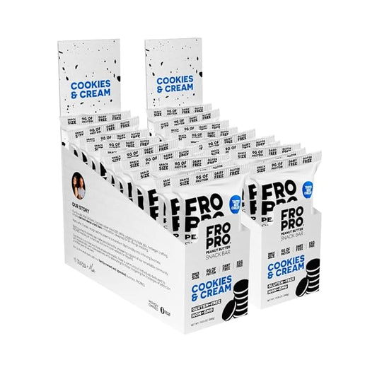 FROPRO Snack Bar - Peanut Butter Snack Bars - Gluten Free, Dairy Free, Non GMO, Plant Based Protein Snacks Bar - Crave-worthy & Great On-the-Go | Cookies and Cream, 24 Pack