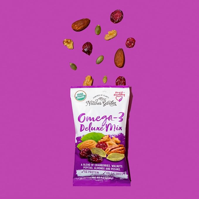 Nature's Garden Omega 3 Deluxe Mix - Trail Mix Nuts, Heart Healthy, Gluten Free, Cholesterol Free, Sodium Free, No Artificial Ingredients - 1.2 oz Bags (15 Individual Servings)