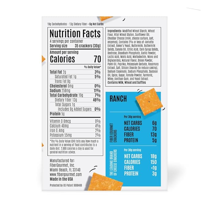 Fiber Gourmet Ranch Thinables Baked Cheese Crackers - Healthy Keto Crackers, Low Calorie High Fiber Snack, 6g Net Carbs, 70 Calories, 13g Fiber, 5g Protein - 4.25 Ounce (pack of 1)