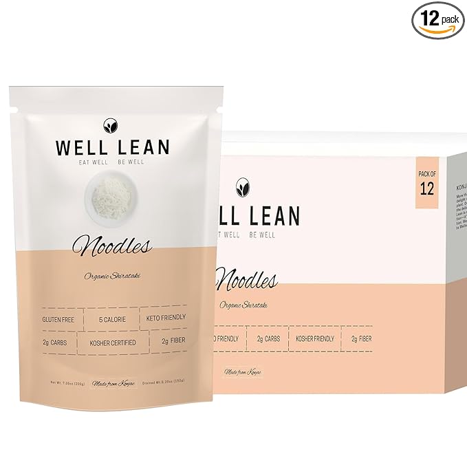 Well Lean Organic Konjac Shirataki Noodles, 12-Pack, Gluten-Free, Keto-Friendly, Low Carb, Low Calorie, 100% Plant-Based, 5 Cal, 2g Carbs