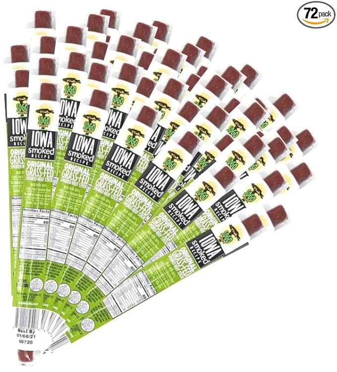 Original - Iowa Smoked Recipe, Sogo Snacks, Sugar Free Beef Jerky, Non-GMO Grass Fed Beef Sticks. No Nitrates, Gluten, Soy, MSG, Dairy, or Nuts. Paleo, Whole30, & Keto Snack (Original-ISR, 72 Cnt)