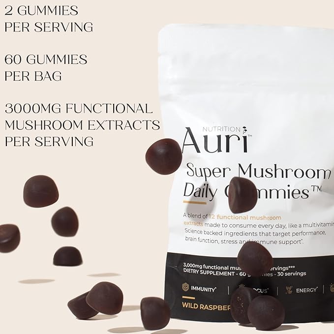 Auri Super Mushroom Daily Gummies – All-in-One Functional Gummy with 12 Mushroom Blend Including Lion’s Mane, Reishi, Chaga & Cordyceps – 60 Gummies